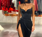 Green/Black New Style Fashion Spaghetti Straps Long Slit Sexy Satin Prom Dress Evening Dress Formal Dress