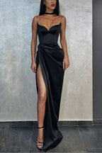 Green/Black New Style Fashion Spaghetti Straps Long Slit Sexy Satin Prom Dress Evening Dress Formal Dress