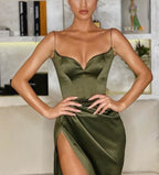 Green/Black New Style Fashion Spaghetti Straps Long Slit Sexy Satin Prom Dress Evening Dress Formal Dress