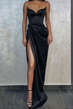 Green/Black New Style Fashion Spaghetti Straps Long Slit Sexy Satin Prom Dress Evening Dress Formal Dress