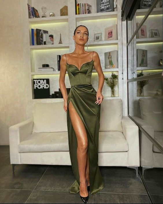 Green/Black New Style Fashion Spaghetti Straps Long Slit Sexy Satin Prom Dress Evening Dress Formal Dress