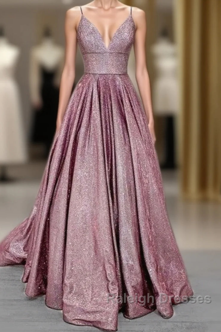 Long Prom Dresses Glitter V Neck With Pockets