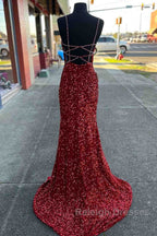 Long Prom Dresses Red Sequins Beaded Mermaid Evening Dress Straps