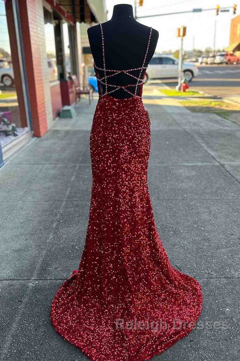 Long Prom Dresses Red Sequins Beaded Mermaid Evening Dress Straps