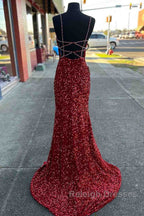Prom Dress Long Red Sequins Beaded Mermaid Prom Dresses Straps