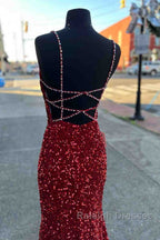 Long Prom Dresses Red Sequins Beaded Mermaid Evening Dress Straps