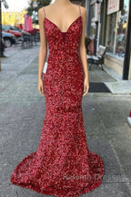 Long Prom Dresses Red Sequins Beaded Mermaid Evening Dress Straps