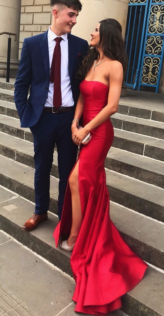 Long Prom Dress Strapless Mermaid Red Prom Dress With Slit