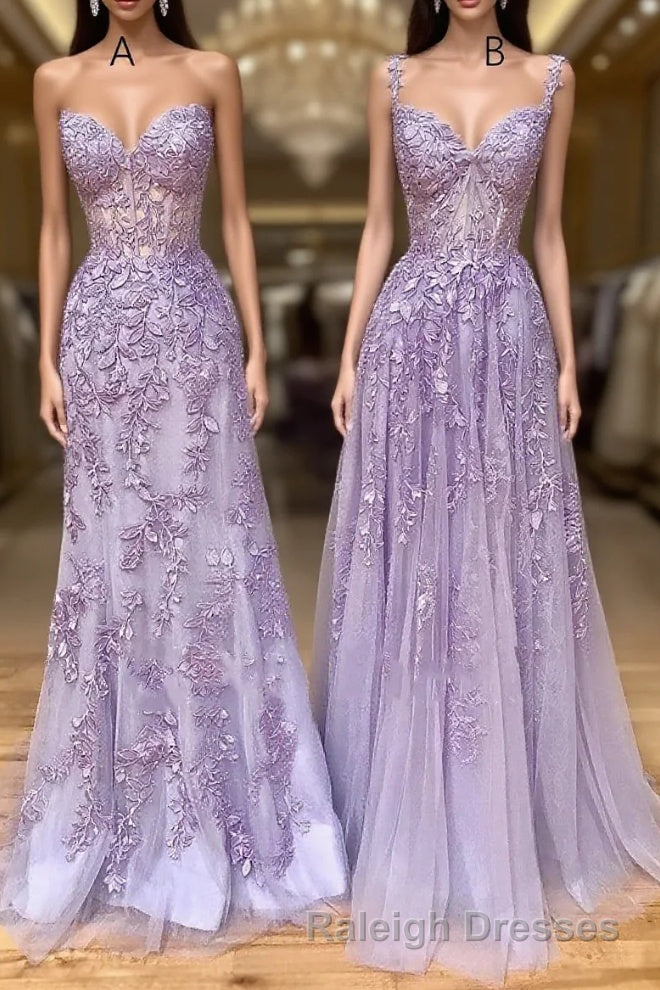 Long Purple Lace Prom Dresses,Unique A Line Formal Evening Dress Main image