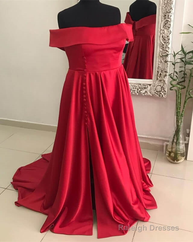 Long Red Plus Size Satin Off Shoulder Dresses