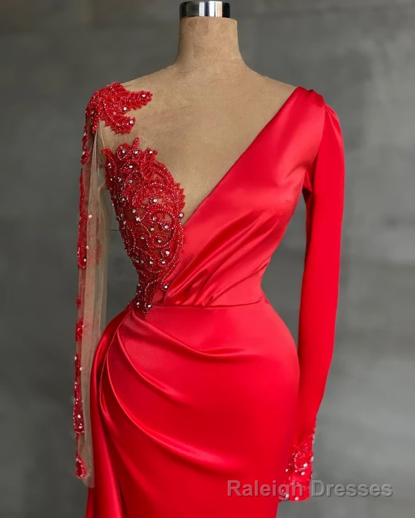 Long Red Satin Evening Dresses, Sheer Neckline Long Sleeve Beaded African High Slit Women Formal Prom Dress Secondary image