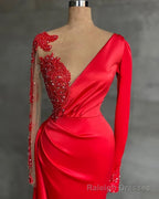 Long Red Satin Evening Dresses, Sheer Neckline Long Sleeve Beaded African High Slit Women Formal Prom Dress