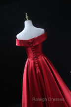 Long Red Satin Prom Dresses  Off The Shoulder Evening Gowns
