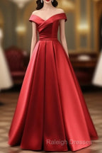 Long Red Satin Prom Dresses  Off The Shoulder Evening Gowns