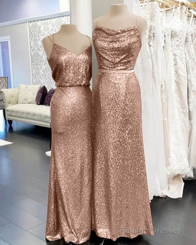 Long Rose Gold Bridesmaid Dress Spaghetti Strap