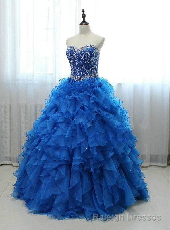 Long Royal Blue Beaded Organza Featuring Sweetheart Neck Prom Dresses