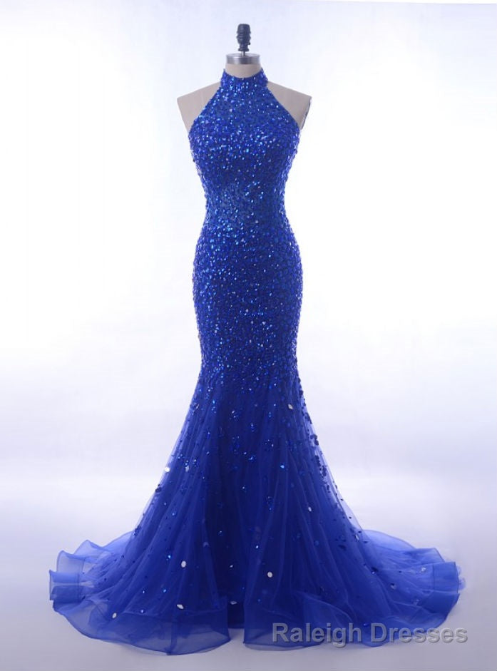 Long Royal Blue Mermaid Prom Dresses Halter For Formal Gowns
