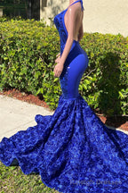 Long Royal Blue Mermaid Prom Dresses V Neck Open Backs