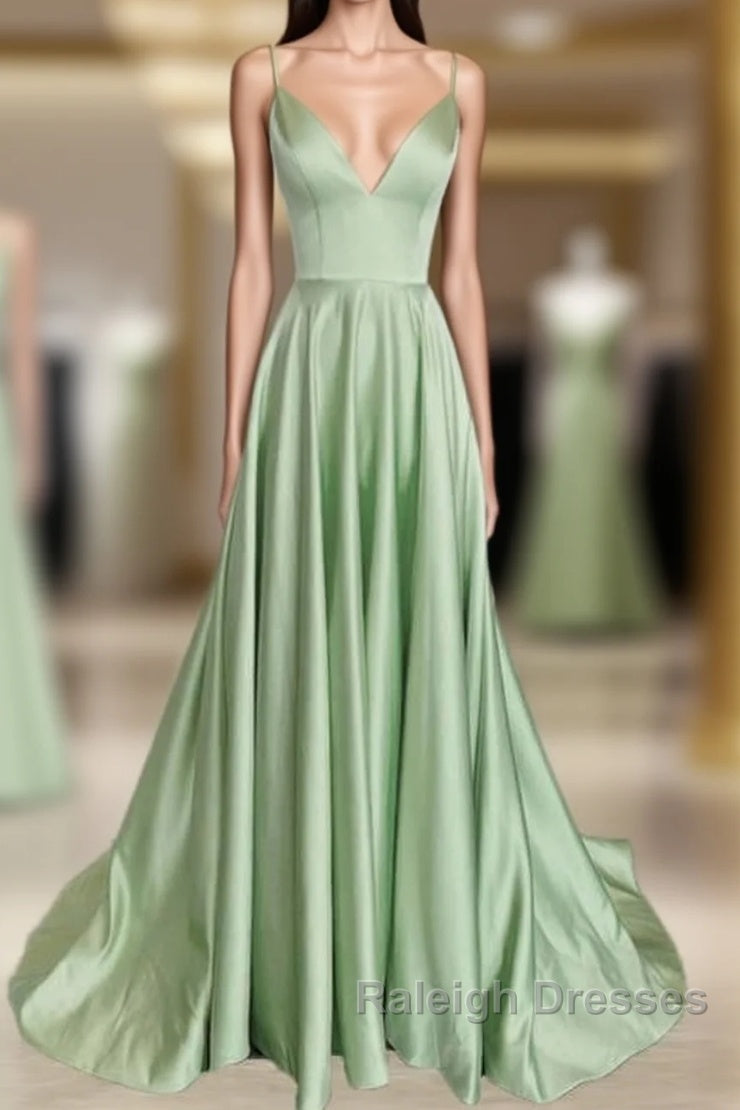 Long Sage Green V Neck Satin Dress Main image
