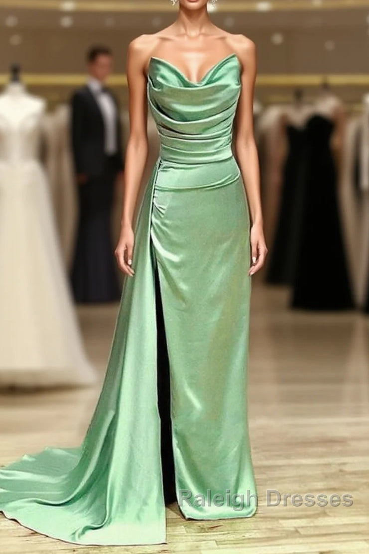 Long Sage Satin Cowl Neck Bridesmaid Dress Main image