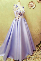 Long Satin Empire Prom Dress V Neck 3D Flowers Embroidery