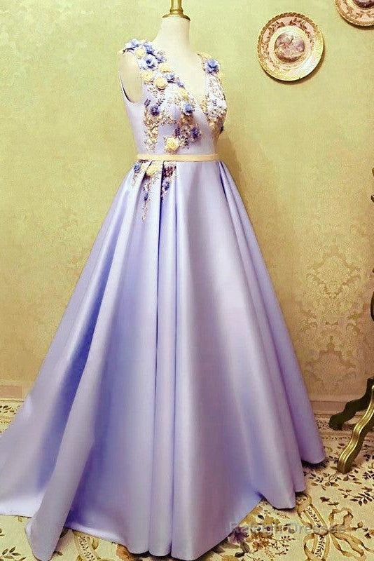 Long Satin Empire Prom Dress V Neck 3D Flowers Embroidery
