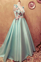 Long Satin Empire Prom Dress V Neck 3D Flowers Embroidery