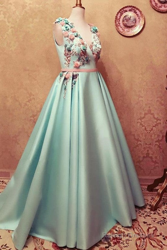 Long Satin Empire Prom Dress V Neck 3D Flowers Embroidery