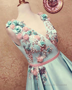 Long Satin Empire Prom Dress V Neck 3D Flowers Embroidery