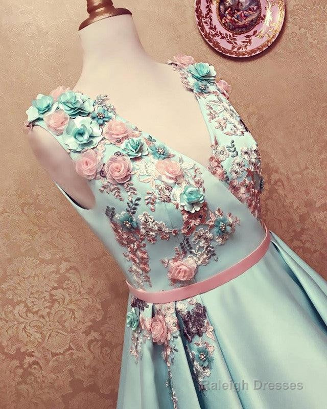Long Satin Empire Prom Dress V Neck 3D Flowers Embroidery