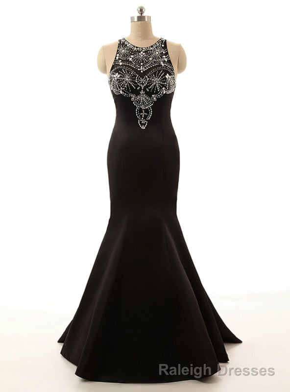 Long Satin Prom Gowns Beaded Black Crystals Mermaid Prom Dresses Main image