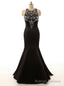Long Satin Prom Gowns Beaded Black Crystals Mermaid Prom Dresses