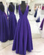 Long Satin V-Neck Cross Back Prom Dresses Floor Length Evening Gowns