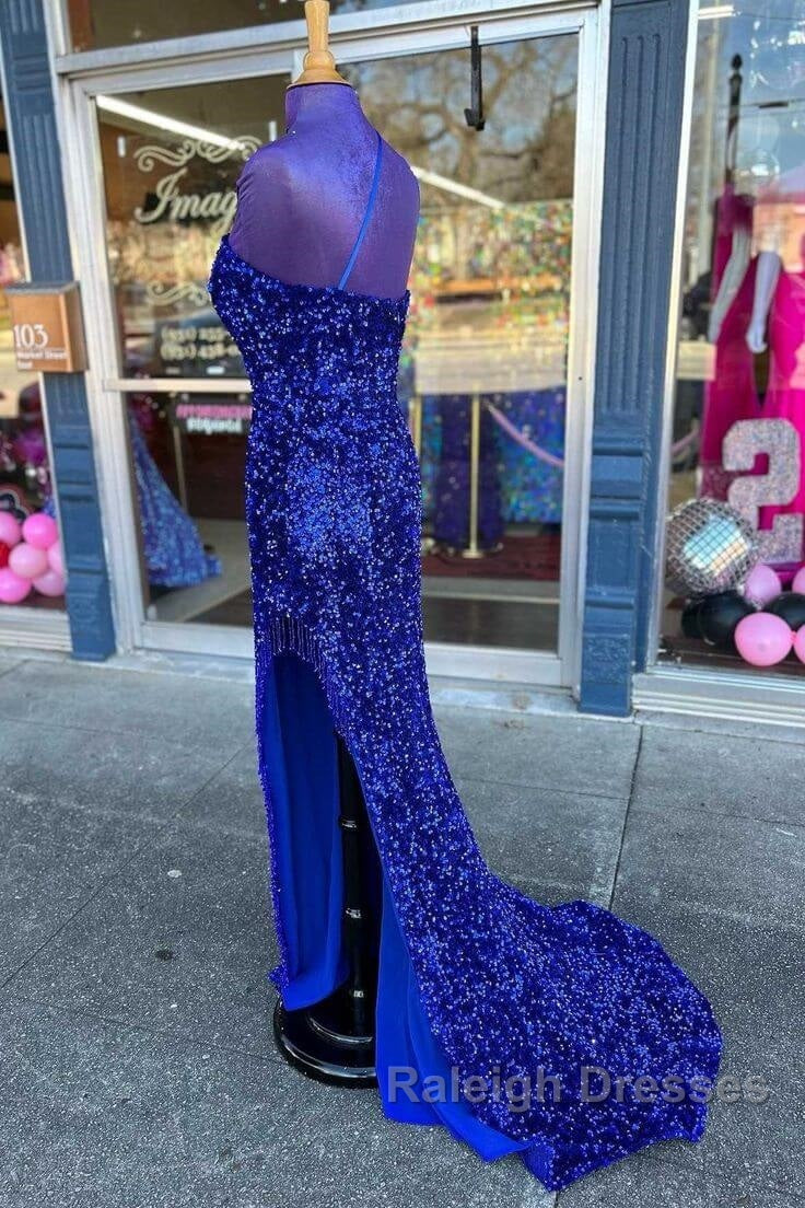 Long Sequin Prom Dresses Royal Blue Prom Dress One-Shoulder