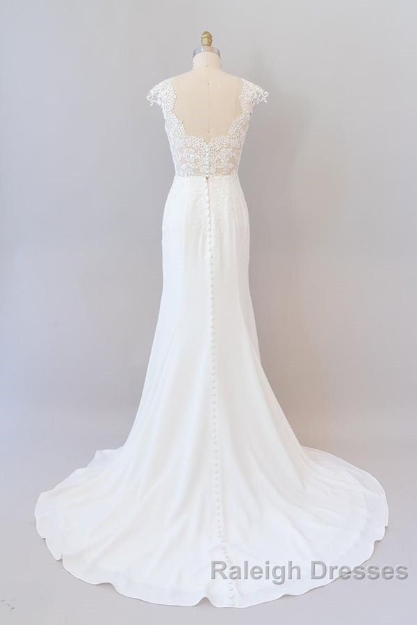 Long Sheath Illusion Lace Wedding Dresses with Cap Sleeve Secondary image