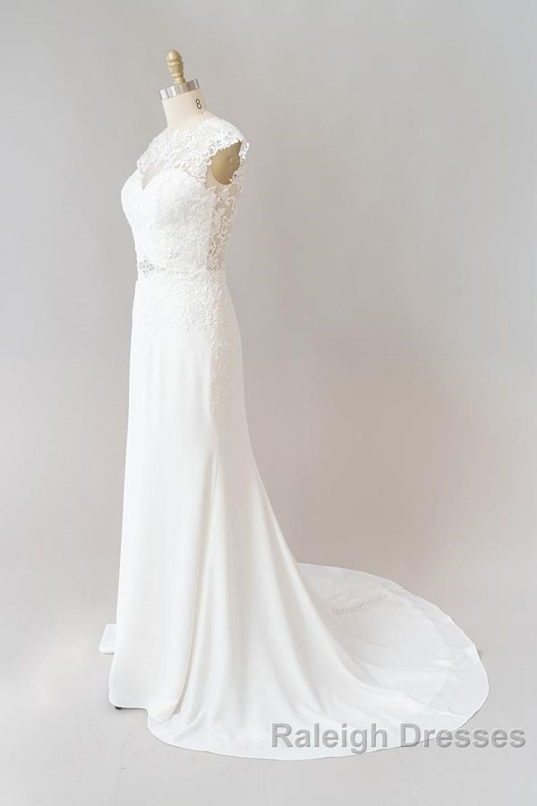 Long Sheath  Illusion Lace Wedding Dress with Cap Sleeve