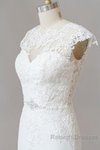 Long Sheath Illusion Lace Wedding Dresses with Cap Sleeve