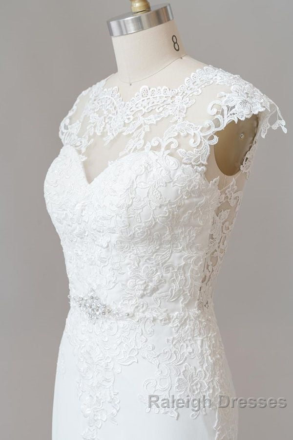 Long Sheath Illusion Lace Wedding Dresses with Cap Sleeve