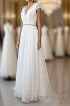 Long Sheath V-neck Lace Chiffon Wedding Dress with Cap Sleeves