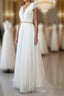 Long Sheath V-neck Lace Chiffon Wedding Dress with Cap Sleeves