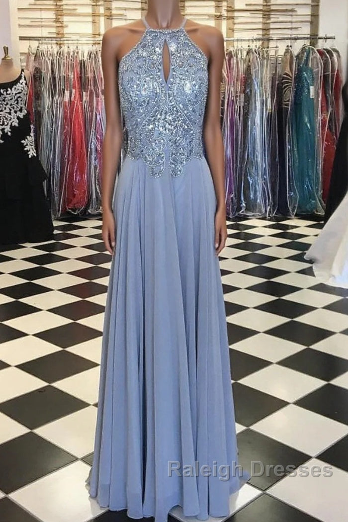 Long Silver Chiffon Prom Dresses Halter Evening Gowns  New Arrival