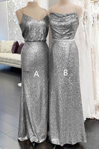 Long Silver Sequin Bridesmaid Dress Spaghetti Strap