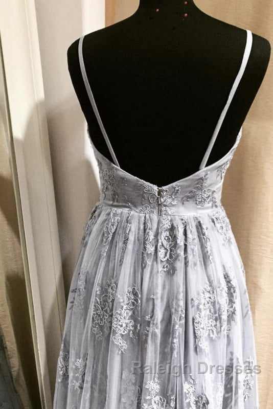 Long Silver Tulle Bridesmaid Dress Lace Appliques Secondary image