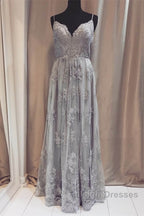Long Silver Tulle Bridesmaid Dress Lace Appliques