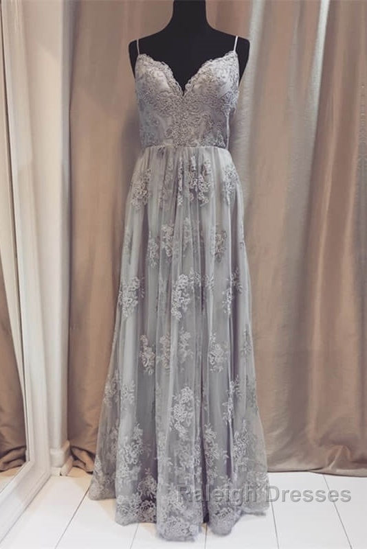 Long Silver Tulle Bridesmaid Dress Lace Appliques