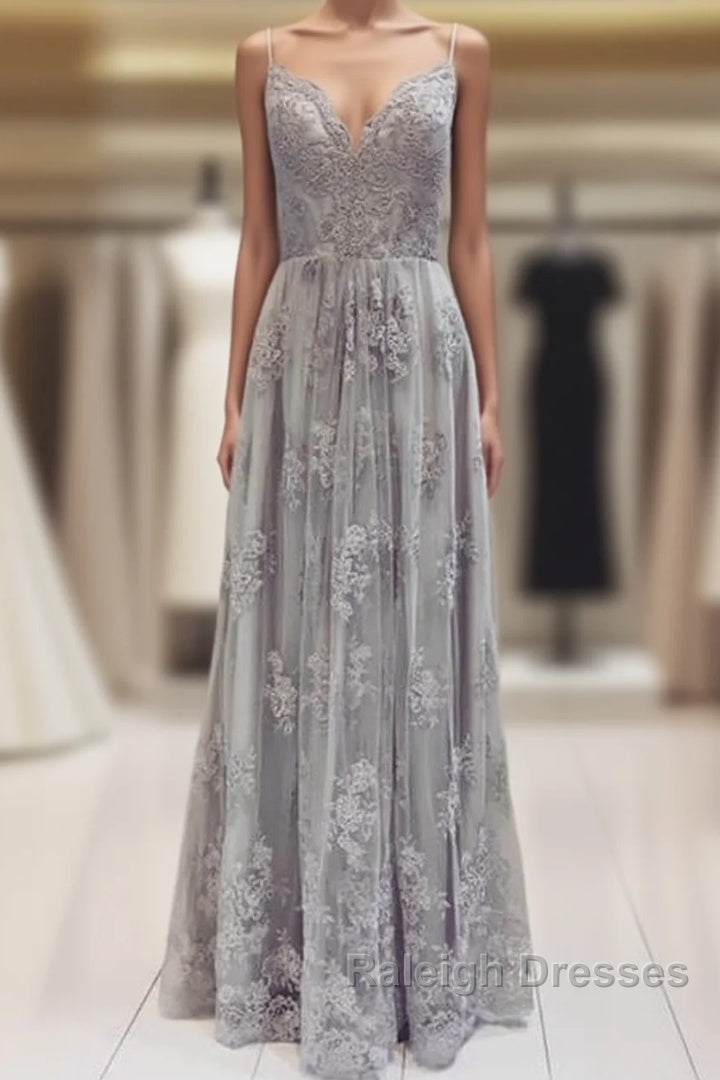 Long Silver Tulle Bridesmaid Dress Lace Appliques Main image