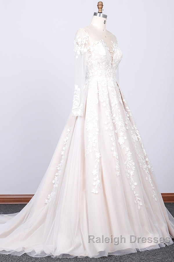 Long Sleeve Appliques Lace Tulle A Line Wedding Dresses Secondary image
