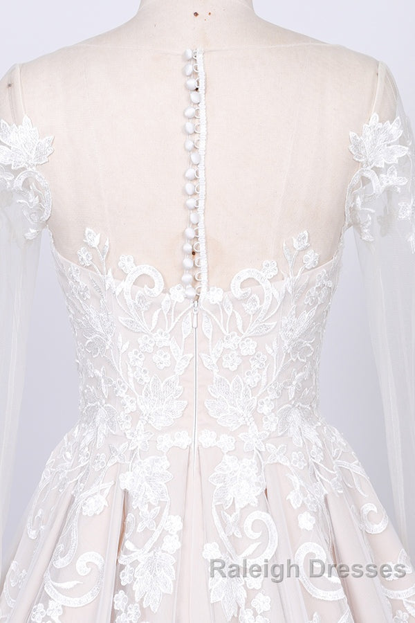 Long Sleeve Appliques Lace Tulle A-line Wedding Dress