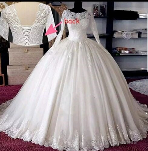 Long Sleeve Ball Gown Muslim Wedding Dress Uk Beaded Lace Bridal Wear