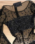 Long Sleeve Black See Through Homecoming Dresses Crystal Beaded